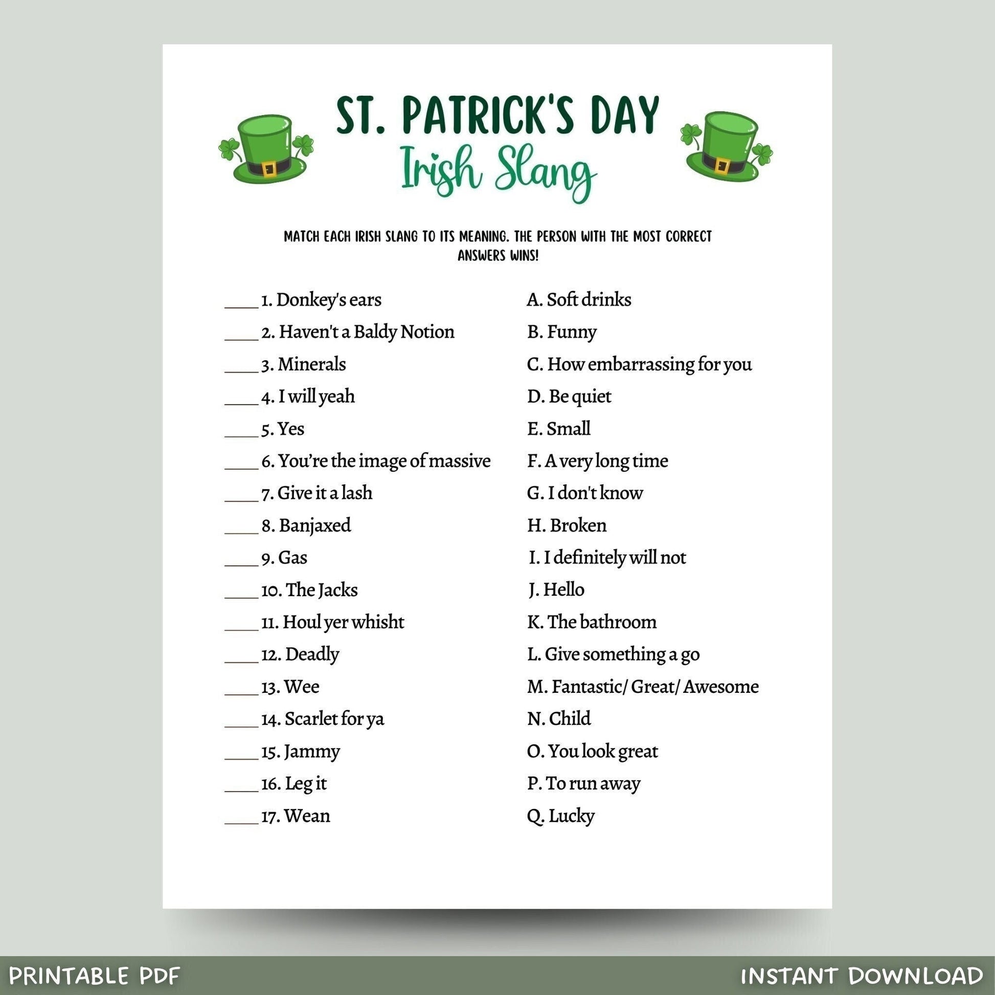 St Patrick's Day Irish Slang Game Printable, St Paddy's Party Games, St. Pattys Activity For Kids and Adults, Fun St Pats Day Classroom Game