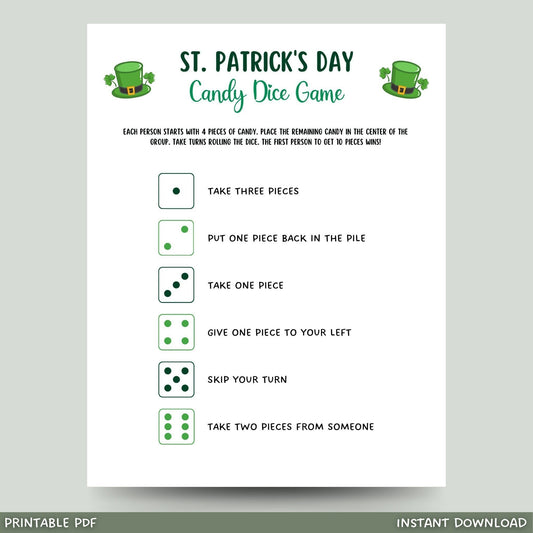 St Patrick's Day Candy Dice Game Printable, St Patty's Day Party Games for Kids, St Paddy's Day Classroom Game, Fun Activity Kids And Adults