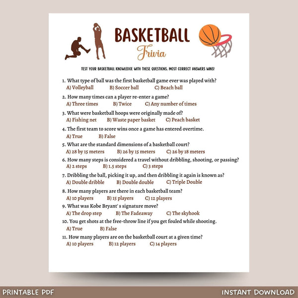 Basketball Trivia Game Printable, Tailgate Party Activity Adults
