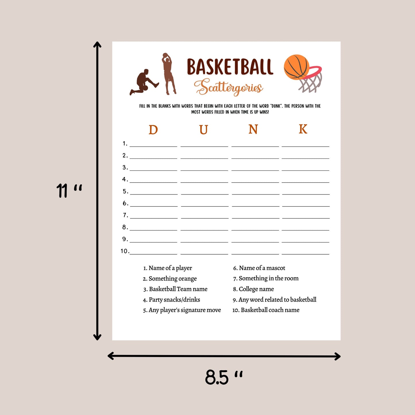 Basketball Scattergories Game Printable, Basketball Tailgate Party Game, Mens College Basketball, Adults And Kids Activity, Classroom Games