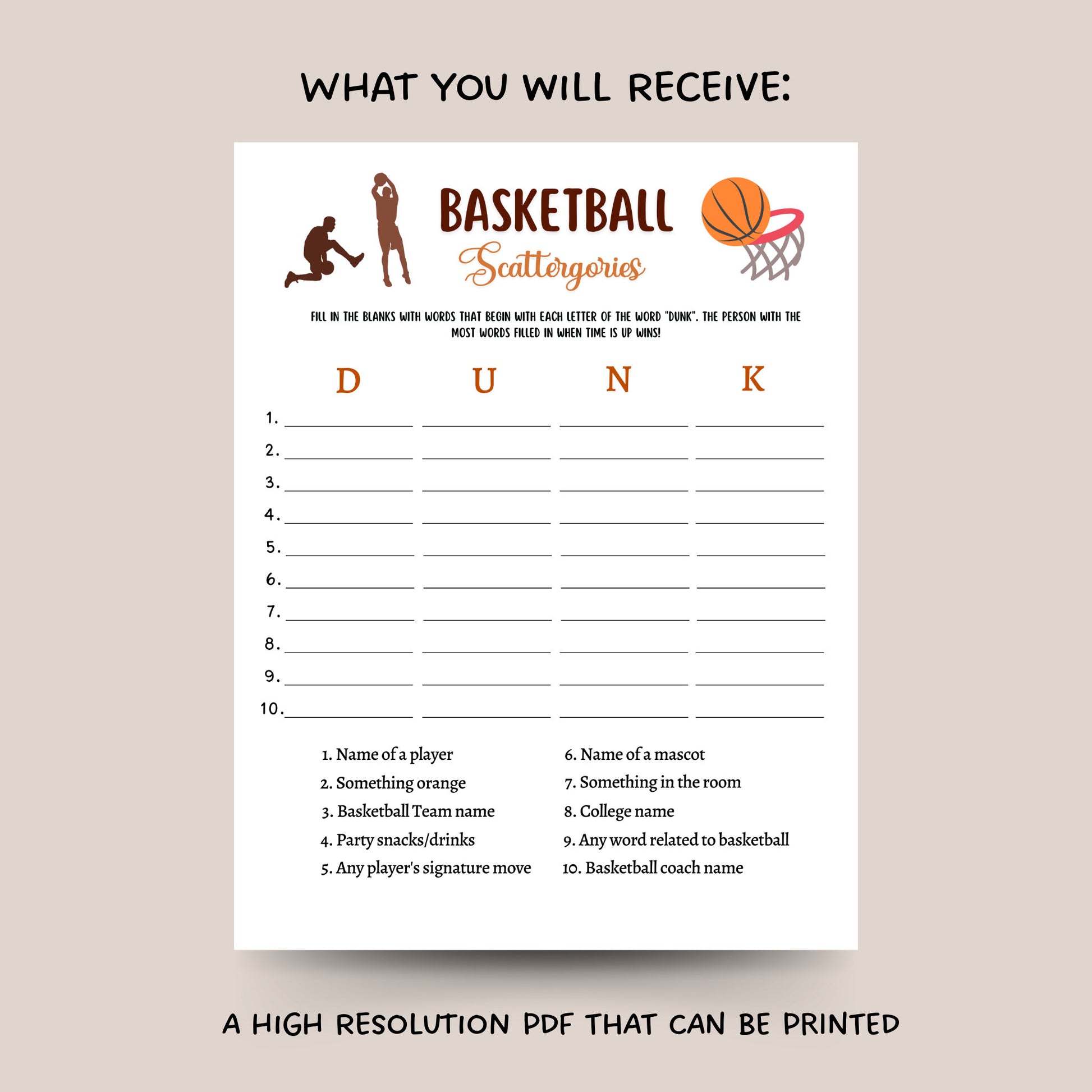 Basketball Scattergories Game Printable, Basketball Tailgate Party Game, Mens College Basketball, Adults And Kids Activity, Classroom Games