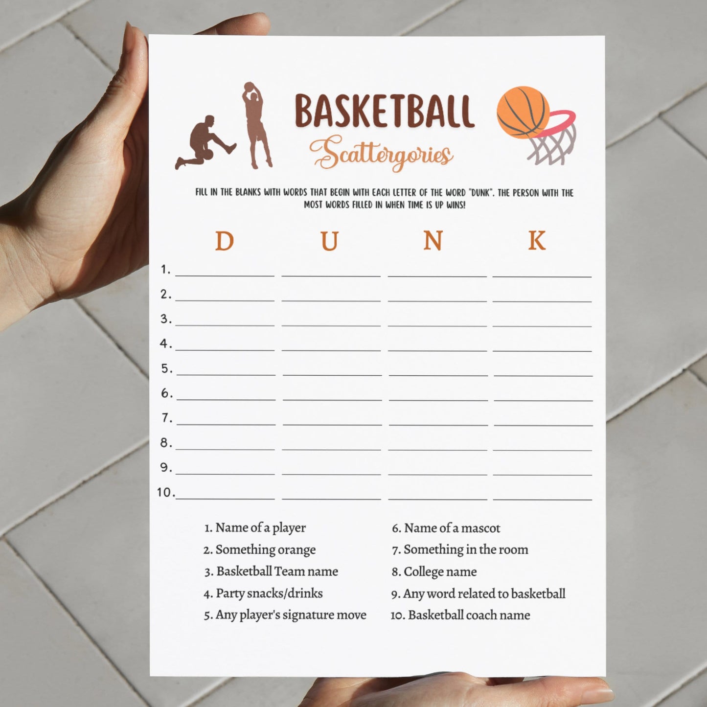 Basketball Scattergories Game Printable, Basketball Tailgate Party Game, Mens College Basketball, Adults And Kids Activity, Classroom Games