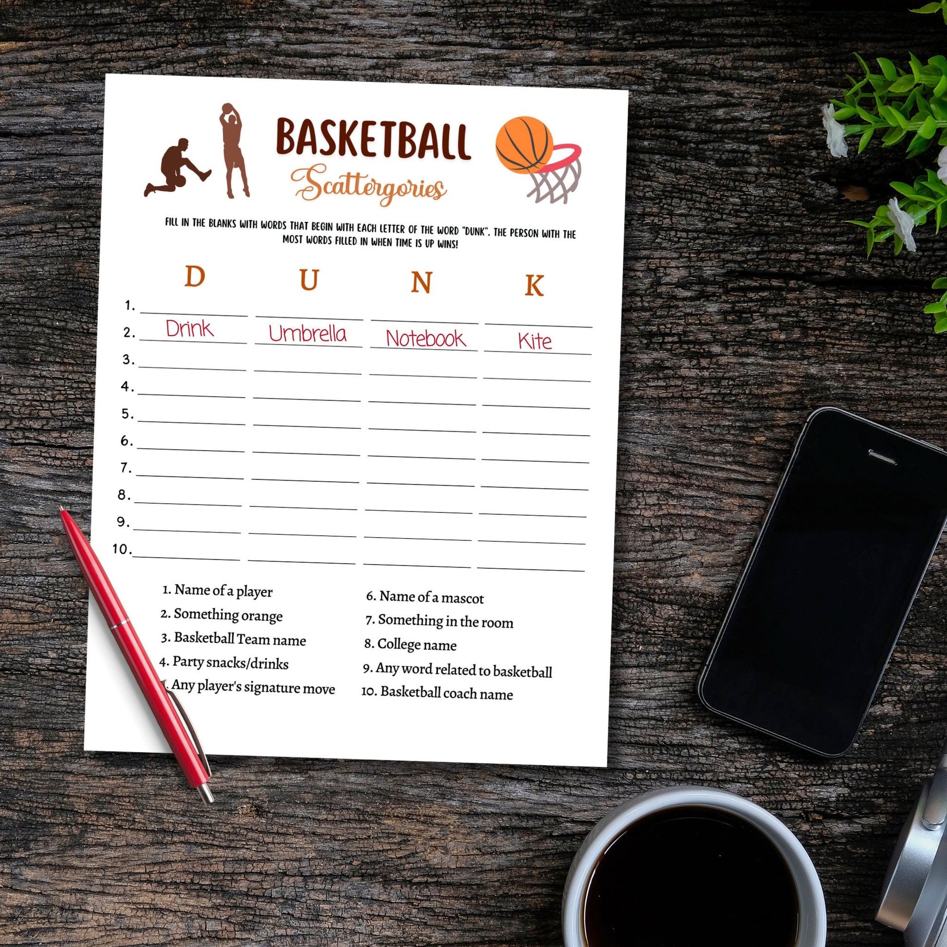 Basketball Scattergories Game Printable, Basketball Tailgate Party Game, Mens College Basketball, Adults And Kids Activity, Classroom Games