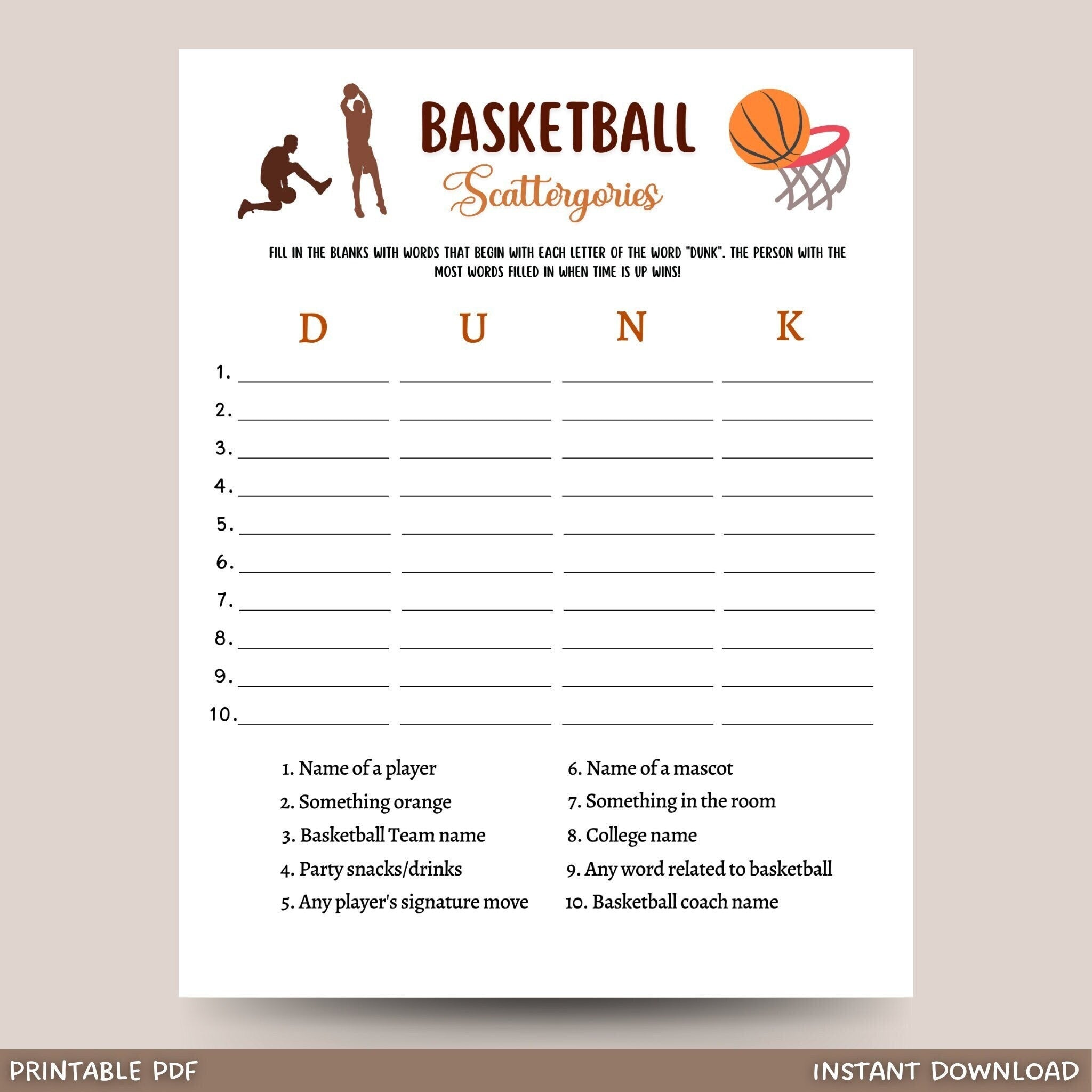 Basketball Scattergories Game Printable, Tailgate Party Activity Adult ...