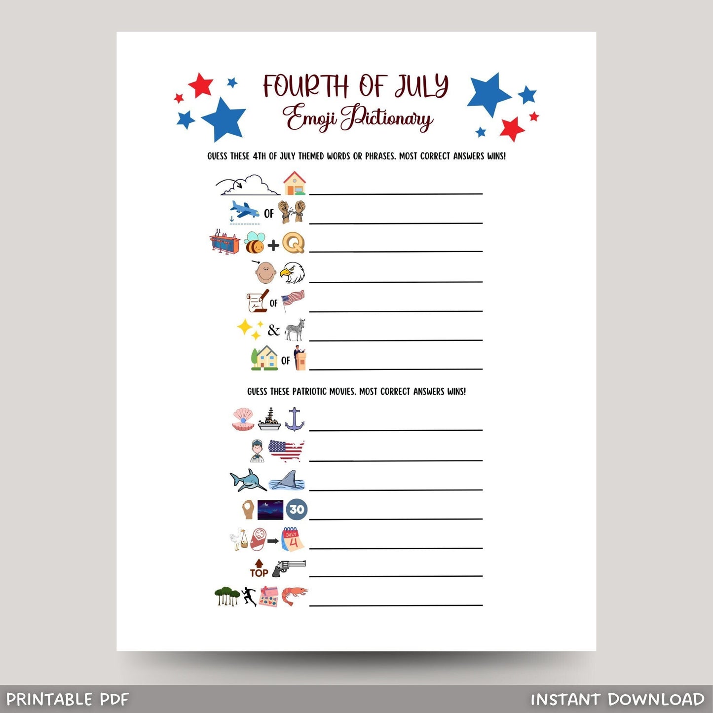 July 4th Emoji Pictionary Game Printable, Independence Day Party, Family Activity Adults & Kids, Fourth of July Patriotic Movie Trivia Quiz