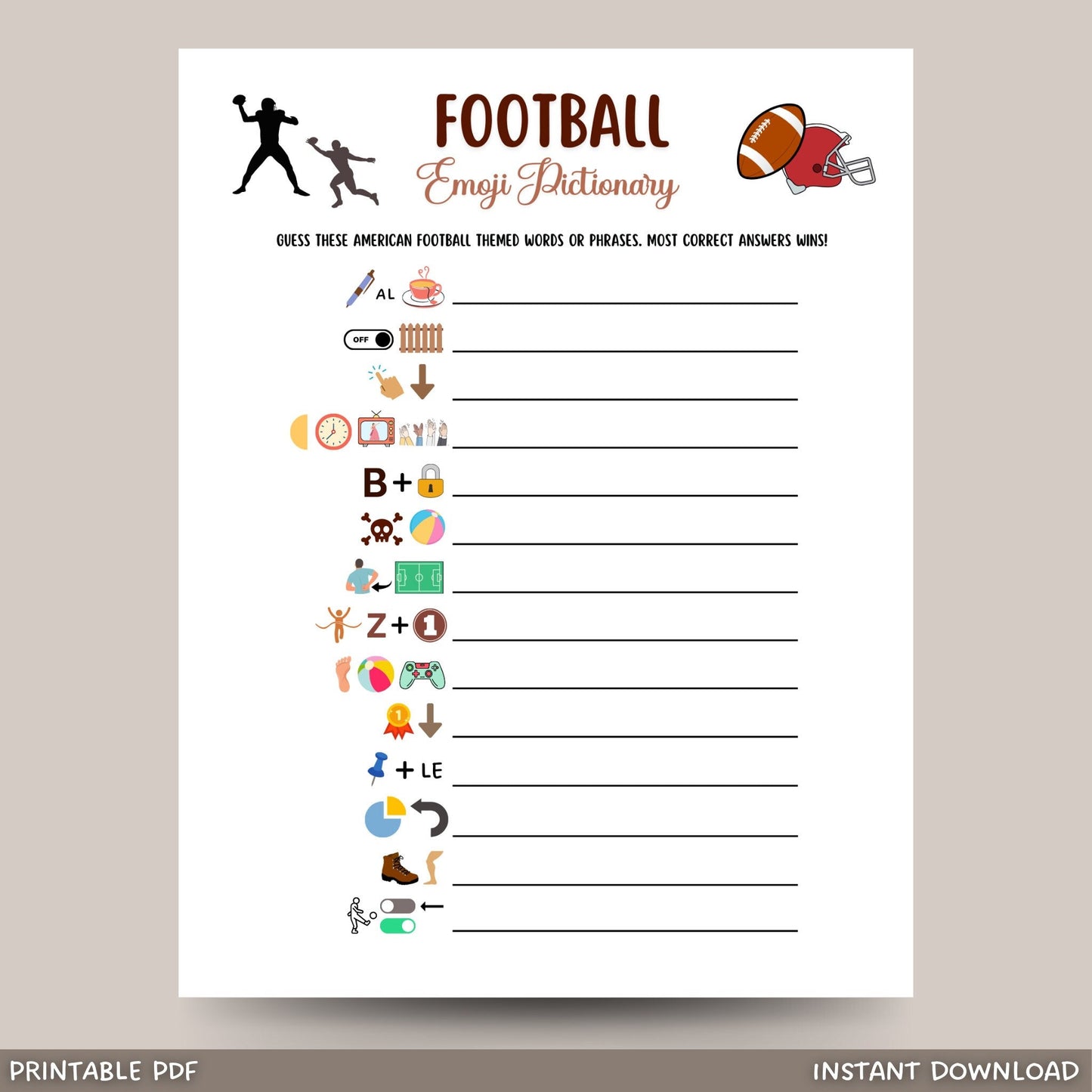 Football Emoji Pictionary Game Printable, Football Party Game, Office Party Game, Activity For Kids and Adults, Classroom Games