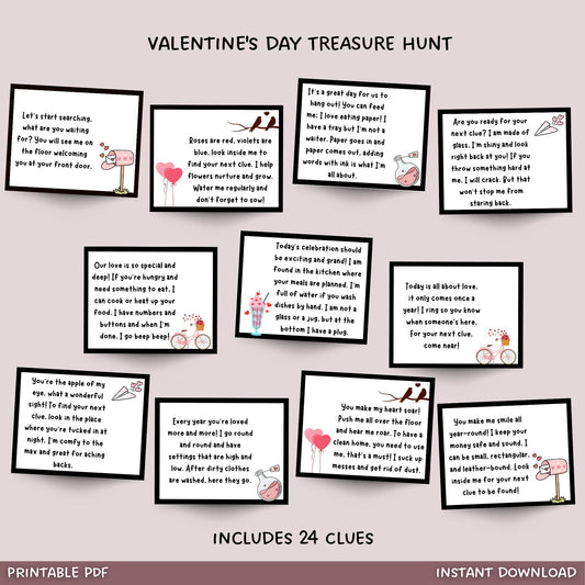 Valentine's Day Treasure Hunt For Kids Printable, Valentines Day Scavenger Hunt Clues, Party Games, Printable Games Activity For Kids