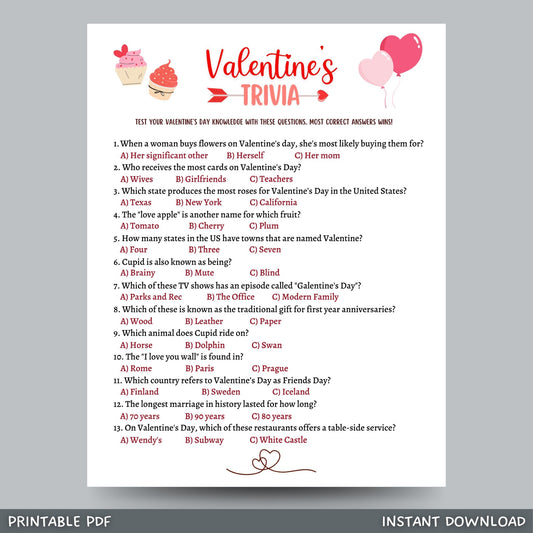 Valentine's Day Trivia Game Printable, Galentines Day Party Game, Valentines Day Activity, Fun Game for Adults, Valentine Trivia Family Game