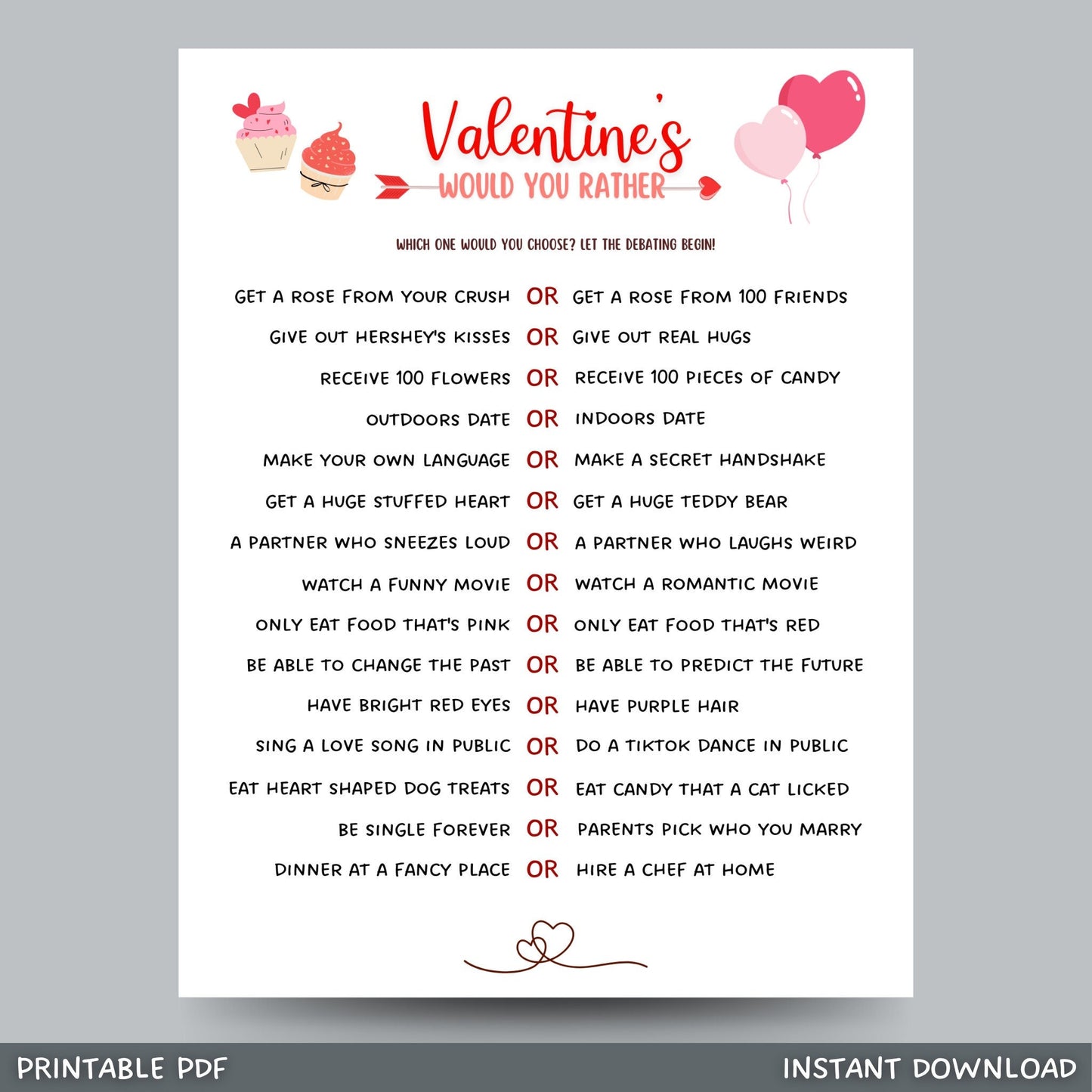 Valentine's Day Would You Rather Game Printable, This or That Game, Galentine's Day Fun Party Game, Valentines Activity for Adults & Kids