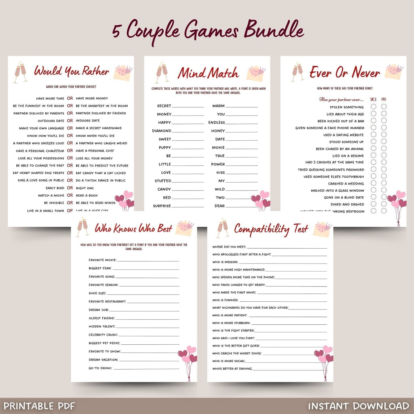 Couple Games Printable, Date Night Games, Marriage Anniversary Games, Fun Party Games for Couples, Valentines Day Games, Couples Night Games