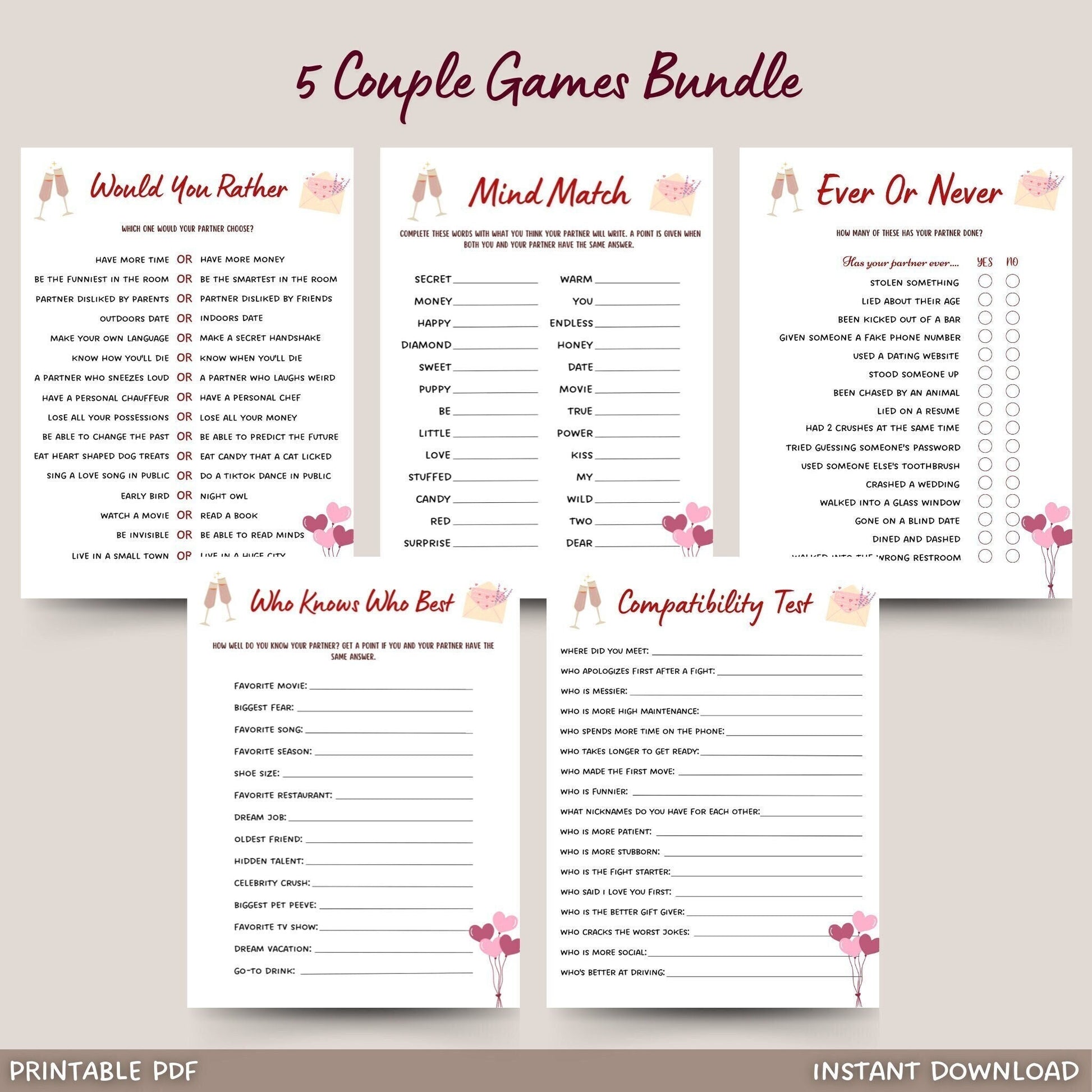 Couple Games Printable, Date Night Games, Marriage Anniversary Games, Fun Party Games for Couples, Valentines Day Games, Couples Night Games