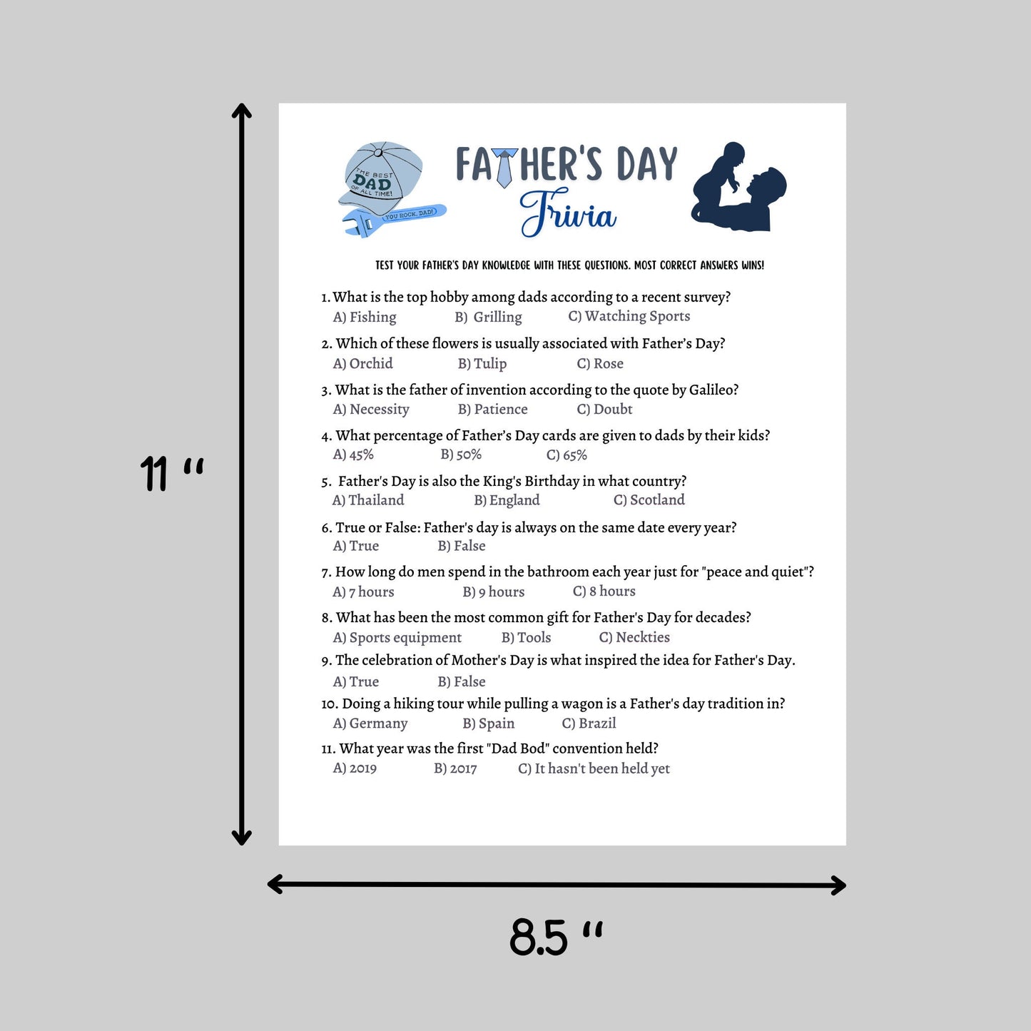Father's Day Trivia Game Printable, Fathers Day Ideas, Fun Party Games, Activity For Kids & Adults, Family Group Game, Classroom Game