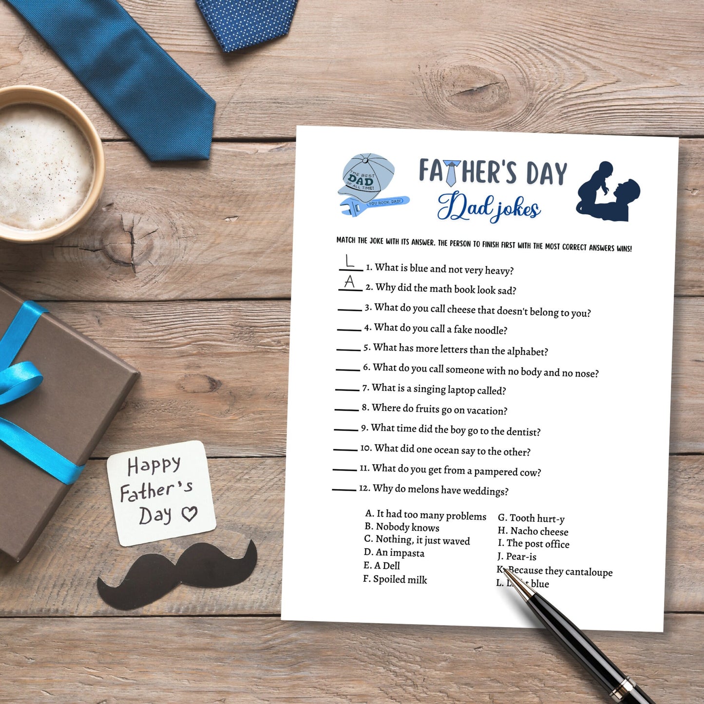 Father's Day Games Printable, Dad Jokes, Fathers Day Ideas, Fun Party Games, Activity For Kids & Adults, Family Group Game, Classroom Game