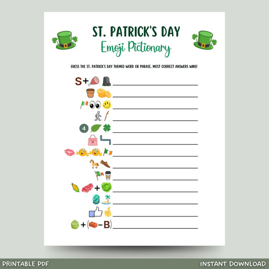 St Patricks Day Emoji Pictionary Game Printable, St Patricks Day Party Game, St. Patty's Activity Adults And Kids, Fun St. Paddy's Day Game