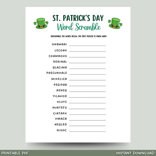 St Patricks Day Word Scramble Game Printable, St. Pattys Day Unscramble Game, Fun St Paddy’s Party Game, Irish Activity for Adults And Kids