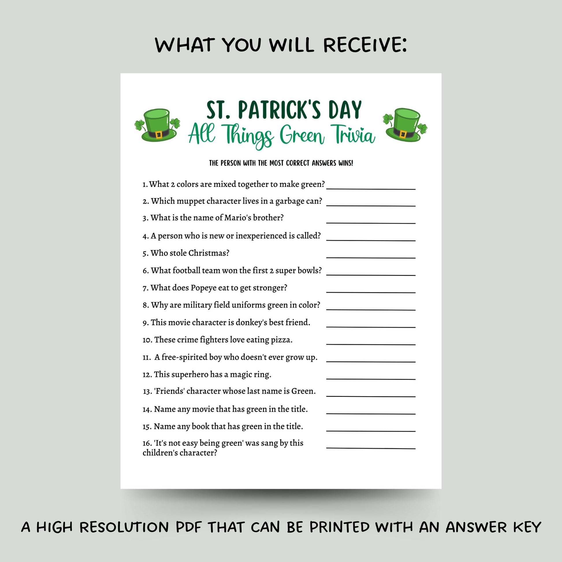 St. Patrick's Day Green Trivia Game Printable, All Things Green Activity Game, St Patricks Games for Kids, St Patty's Day Party Games Adults