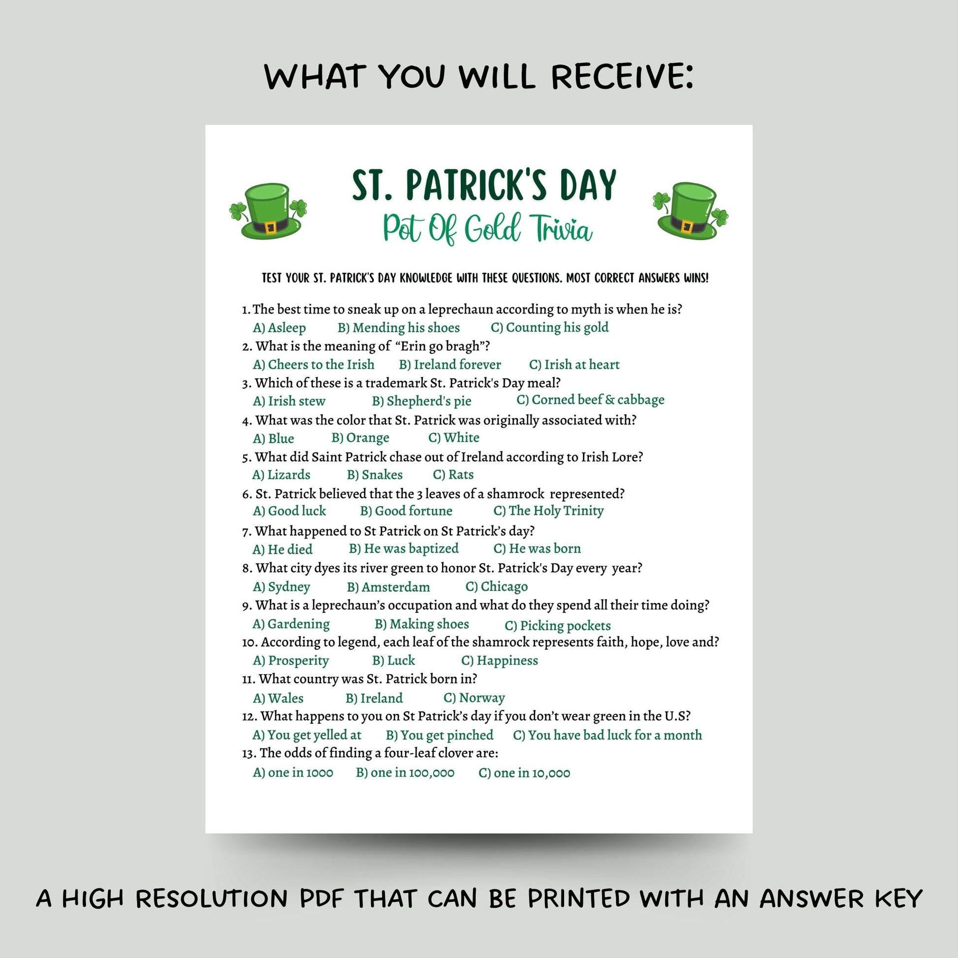 St Patrick's Day Trivia Game Printable, St Patricks Day Games, St Paddys Day Party Game, St Pattys Day Adult Trivia Game, Classroom Games