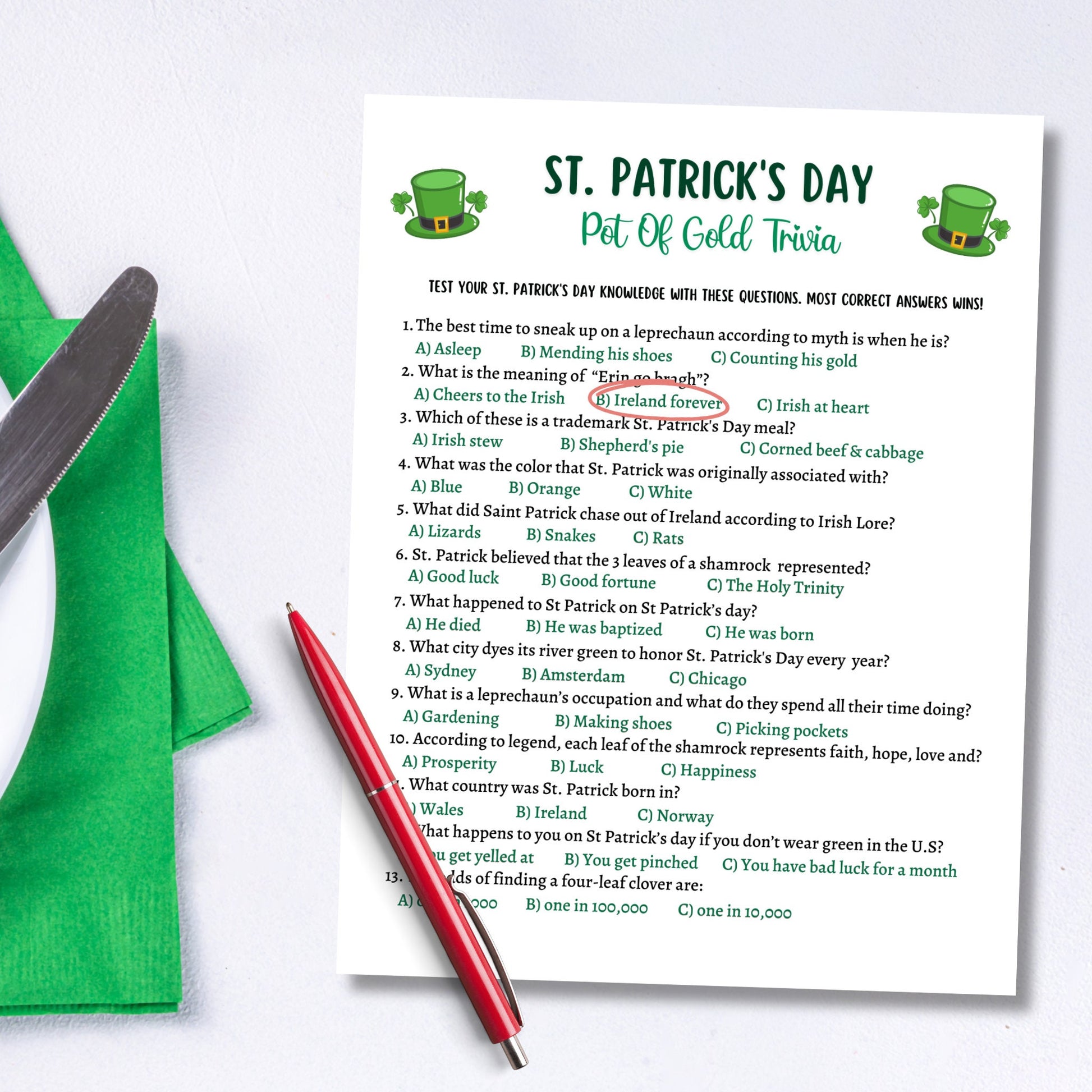 St Patrick's Day Trivia Game Printable, St Patricks Day Games, St Paddys Day Party Game, St Pattys Day Adult Trivia Game, Classroom Games