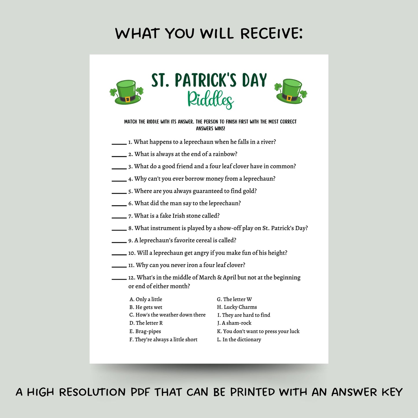 St Patrick's Day Riddles Game Printable, St Pattys Riddle Me This Trivia Activity, Classroom Game, Fun St Paddys Party Game, Kids and Adults