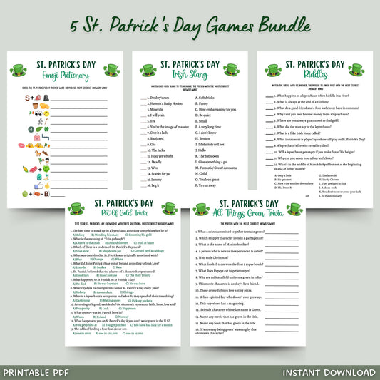 This Saint Patricks Day pack of 5 games bundle is printable and an instant digital download! It is perfect for your party or event and great to play with your friends and family! It is sure to impress everyone and works great for adults and kids!