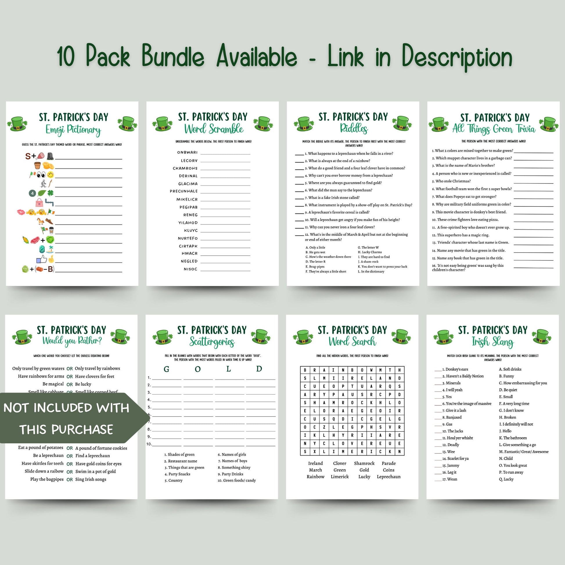 St. Patrick's Day Green Trivia Game Printable, All Things Green Activity Game, St Patricks Games for Kids, St Patty's Day Party Games Adults