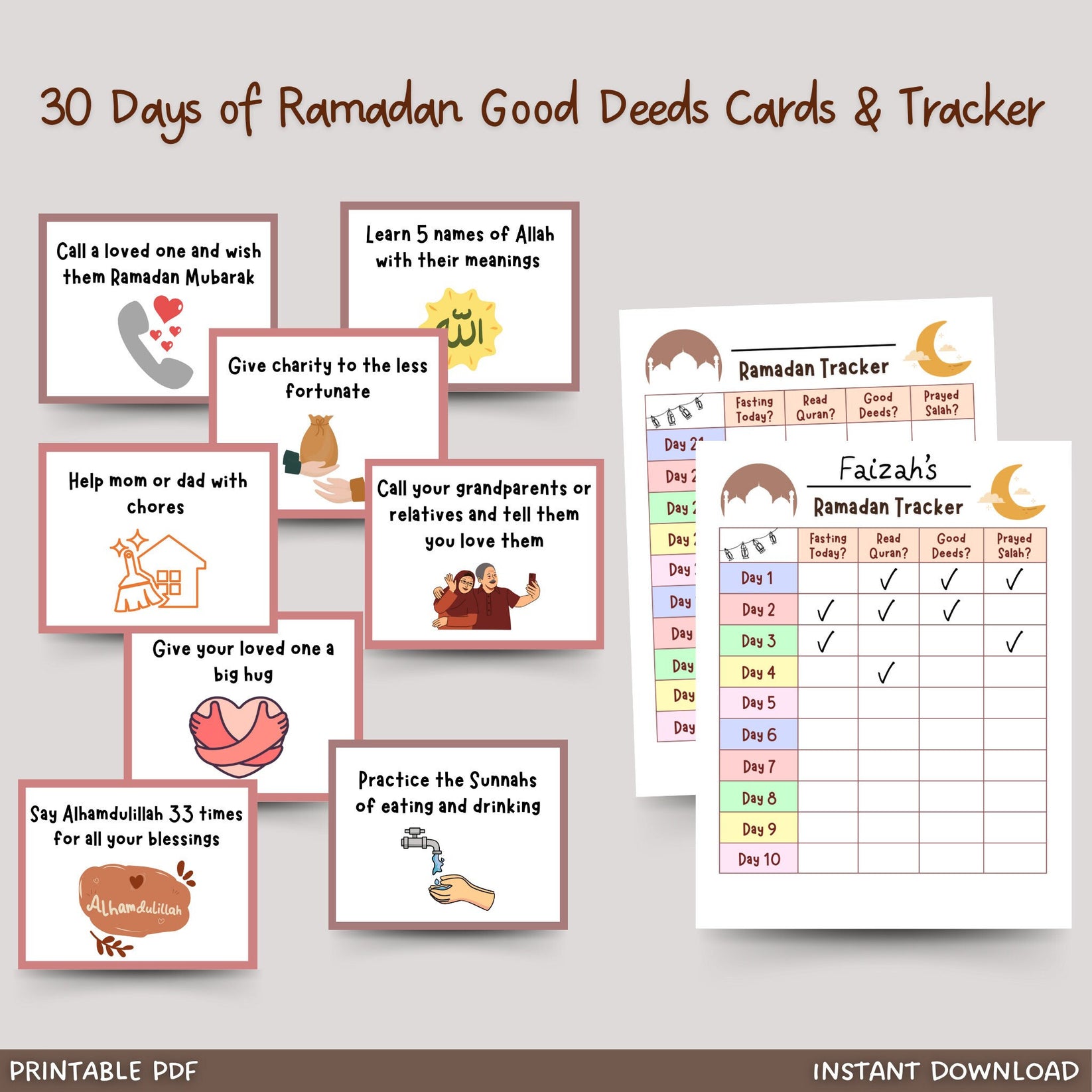 30 Ramadan Good Deeds Cards Printable, Kids Fasting Chart Tracker
