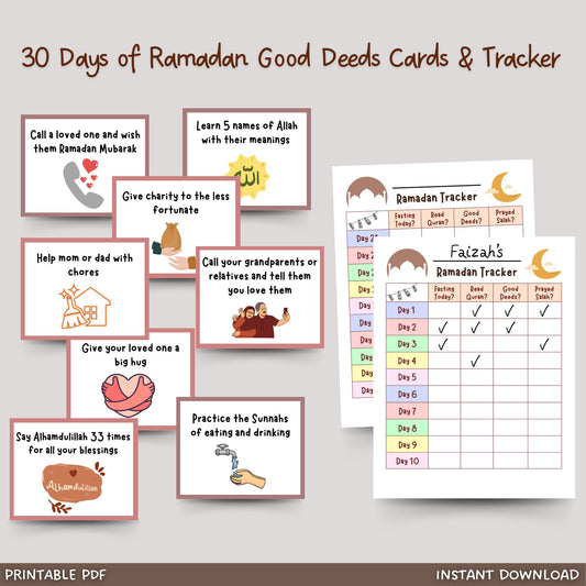 30 Ramadan Good Deeds Cards Printable, Ramadan Advent Cards, Kids Fasting Chart Tracker, Ramadan Activity for Kids, Daily Ramadan Tracker