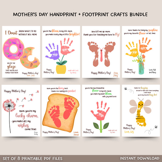 This pack of 8 handprint and footprint art and crafts printable keepsakes bundle makes a unique, sentimental gift for Mom for Mothers Day, Birthdays or just because! Just download, print, apply non-toxic washable paint to the child & create memories!