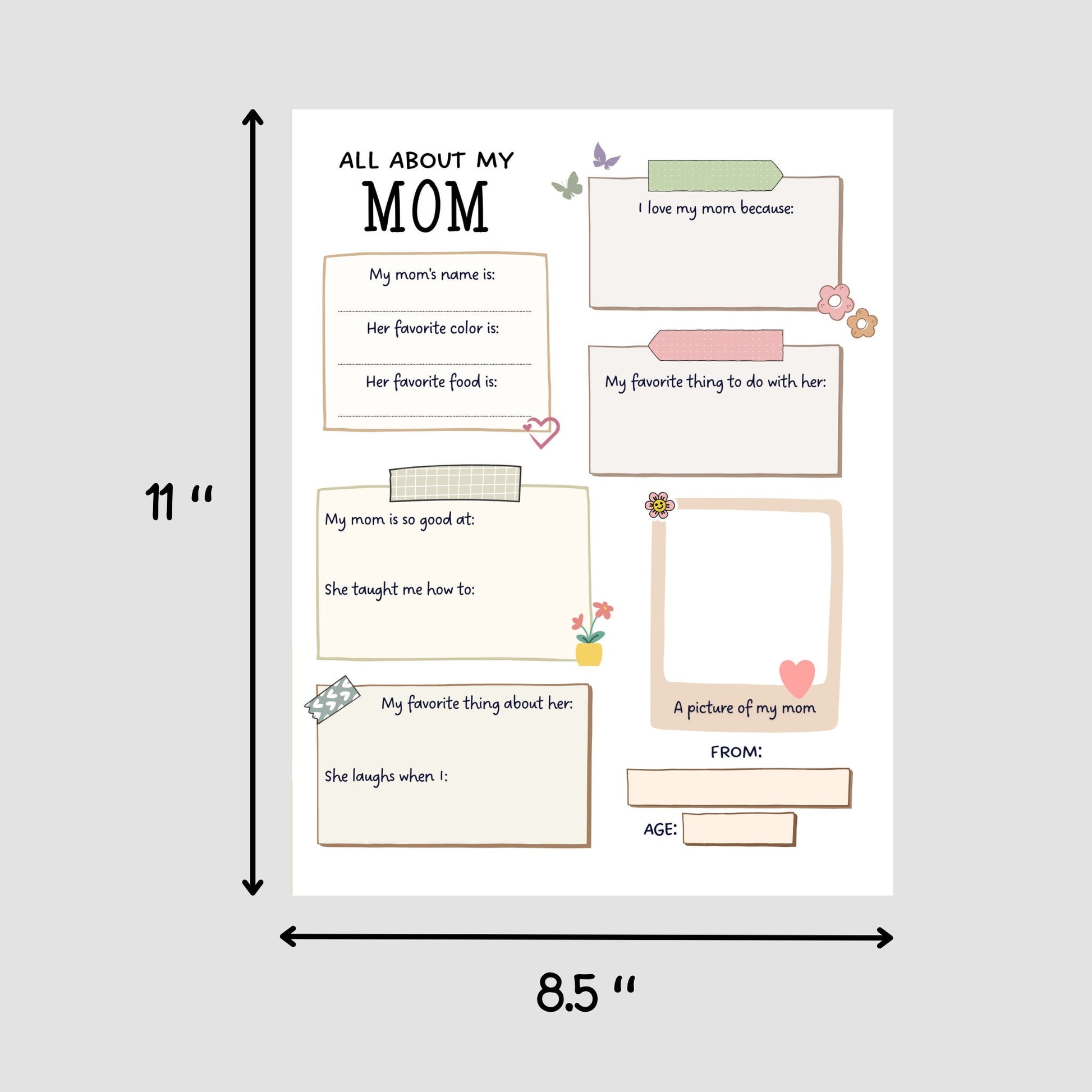 All About My Mom Survey Printable, Mothers Day Questionnaire, Mothers Day Gift Ideas For Preschool Kids, Personalized Keepsake Gift For Mom