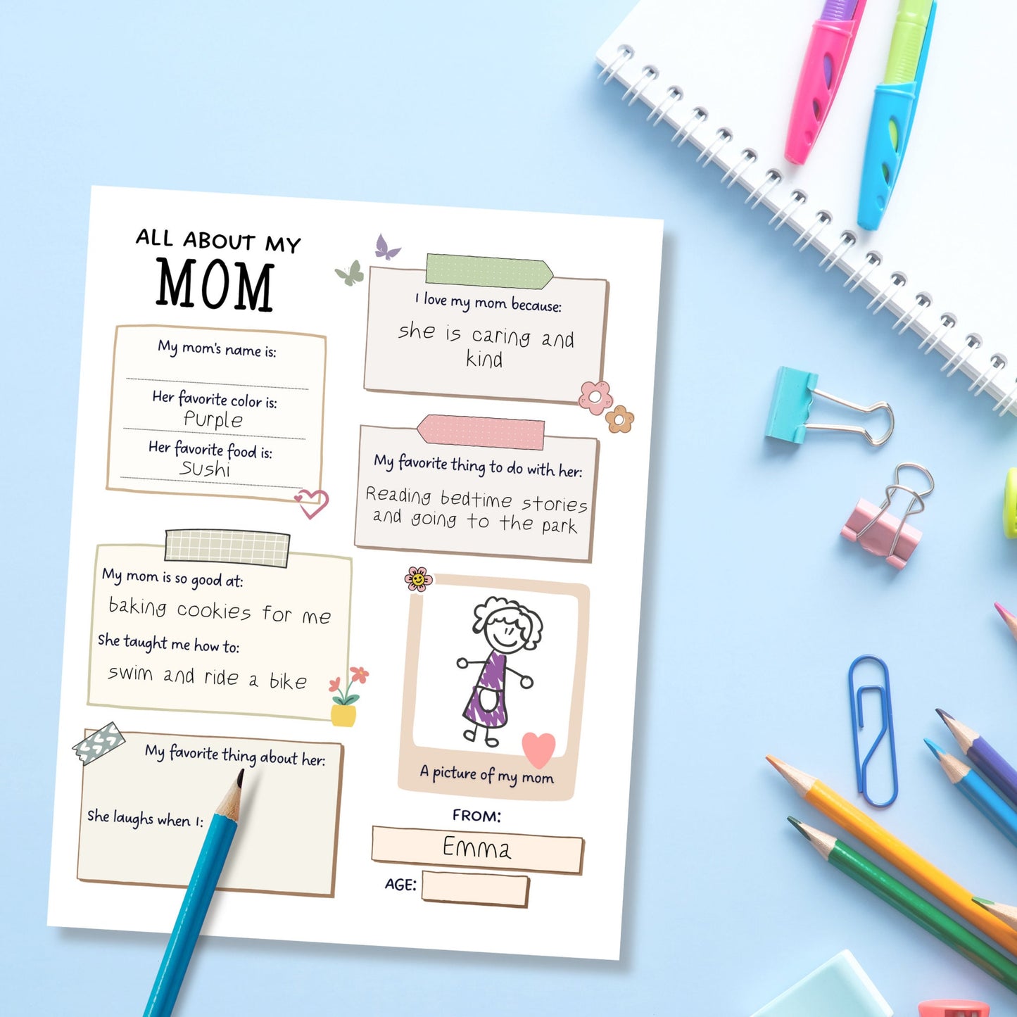 All About My Mom Survey Printable, Mothers Day Questionnaire, Mothers Day Gift Ideas For Preschool Kids, Personalized Keepsake Gift For Mom
