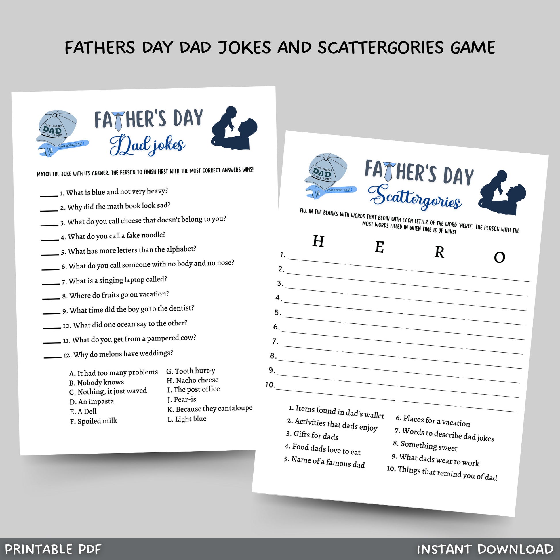 This 2 Pack of Fathers Day Dad jokes and Scattergories games bundle is a printable PDF and instant digital download! It is a great party game idea to play with your friends and family. It is sure to impress your guests and works for adults and kids!