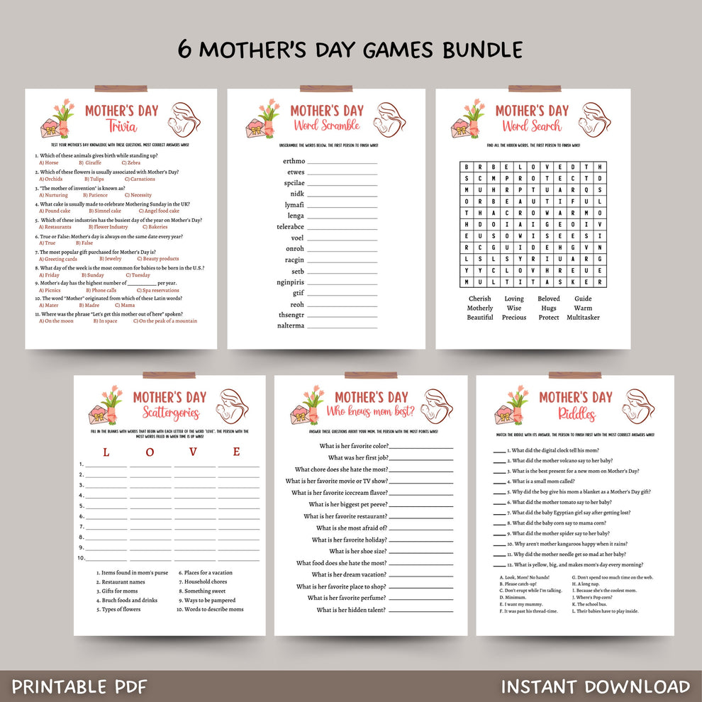 Mother’s Day Party Games Bundle Printable for Kids & Adults – Scribbled LLC