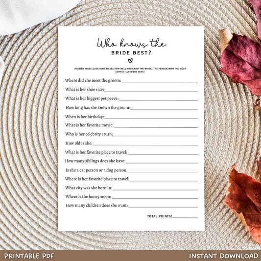 This Who Knows The Bride Best game is a printable PDF & an instant digital download! It is perfect for friends & family attending the bridal shower, hen party, or bachelorette party. Just download, print, & use to have a memorable & fun-filled event!