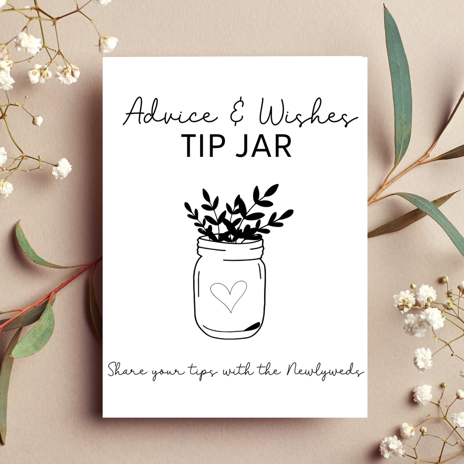 Wedding Advice Bride & Groom Well Wishes Card Printable, Minimalist Bridal Shower Party Game, Wedding Shower Couple Advice Tip Jar Sign