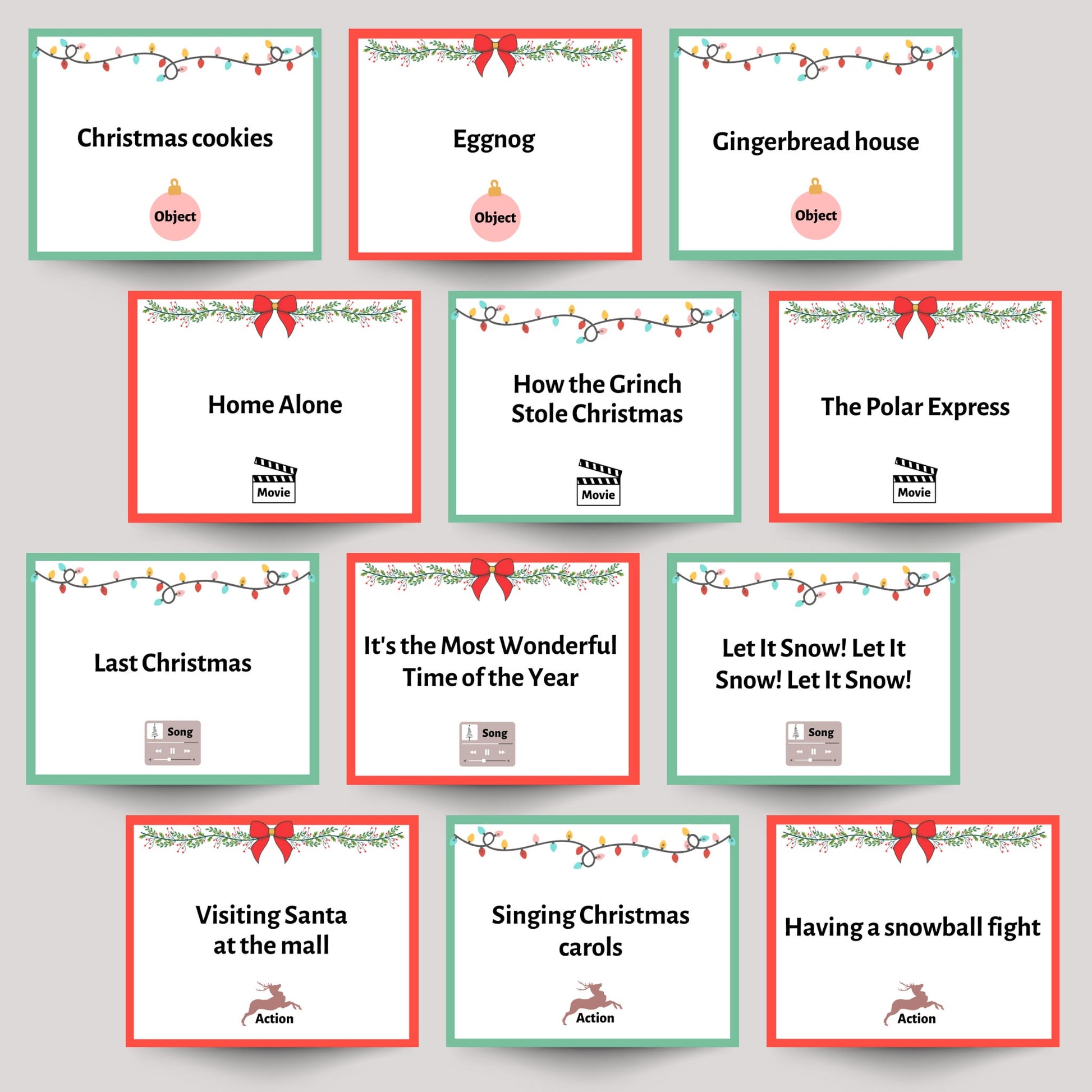 Christmas Charades Game Printable, Holiday Party Activity for Family, Adults and Kids, Office Party, Classroom Game, Xmas Pictionary Cards