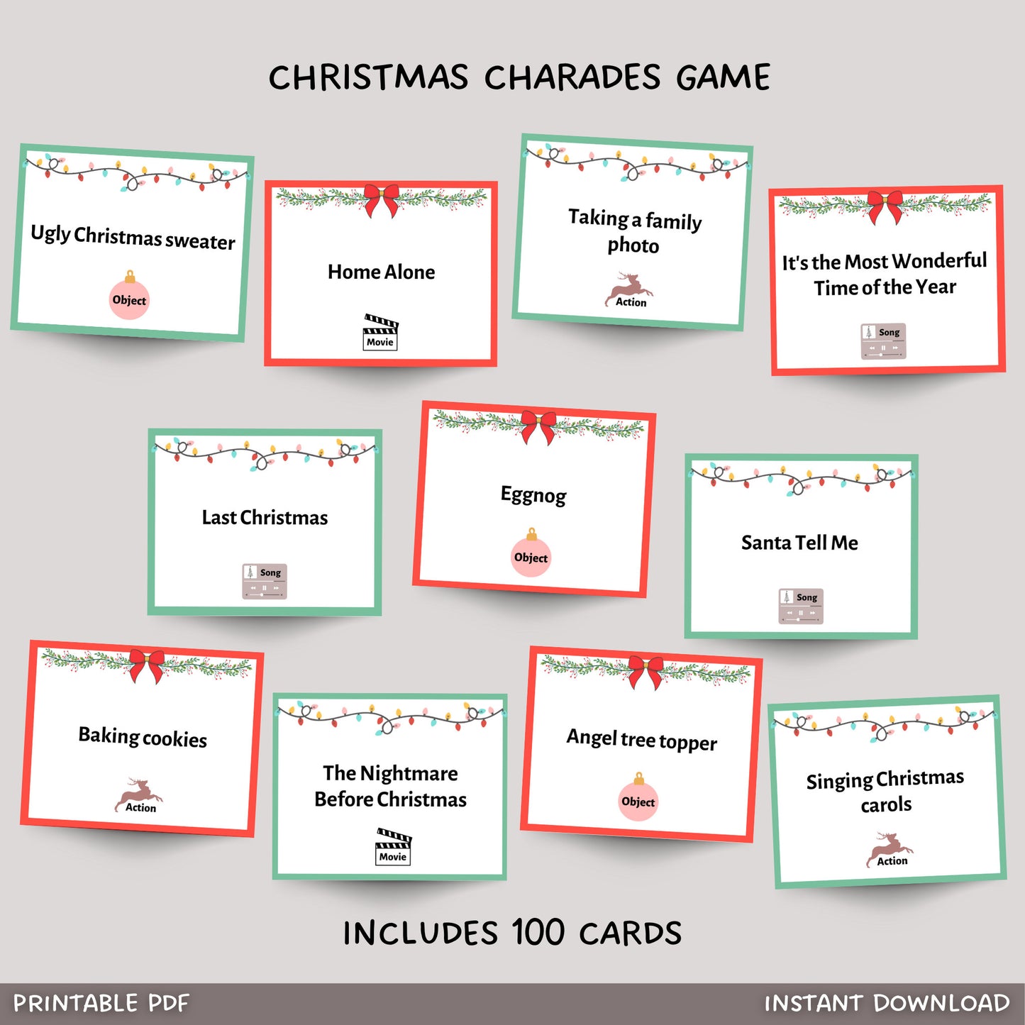 Get into the holiday spirit with our printable Christmas charades game. Perfect for adults and kids and includes 100 cards that contain different Christmas songs, movies, actions and objects. Act out whats on the card and let your team members guess.