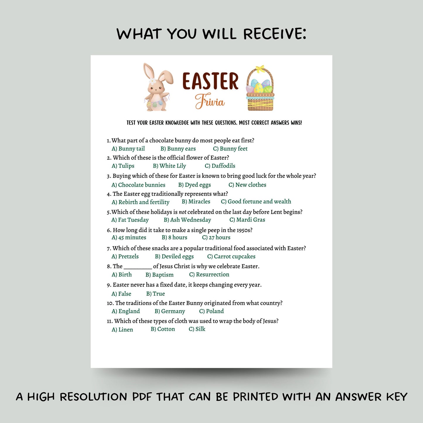 Easter Trivia Party Game Printable, Easter Games, Easter Activity for Kids and Adults, Fun Easter Dinner Game, Family Game, Classroom Game