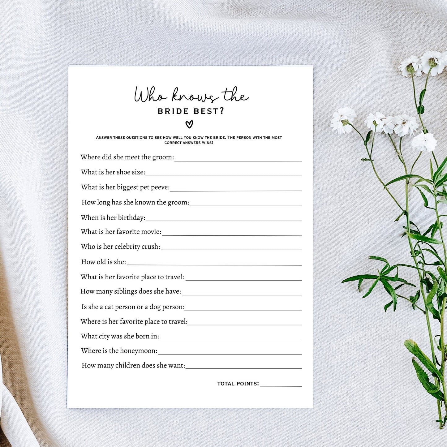 Who Knows The Bride Best Game, Printable Bridal Shower Game, How Well Do You Know The Bride, Wedding Shower Ideas, Minimalist Modern Game