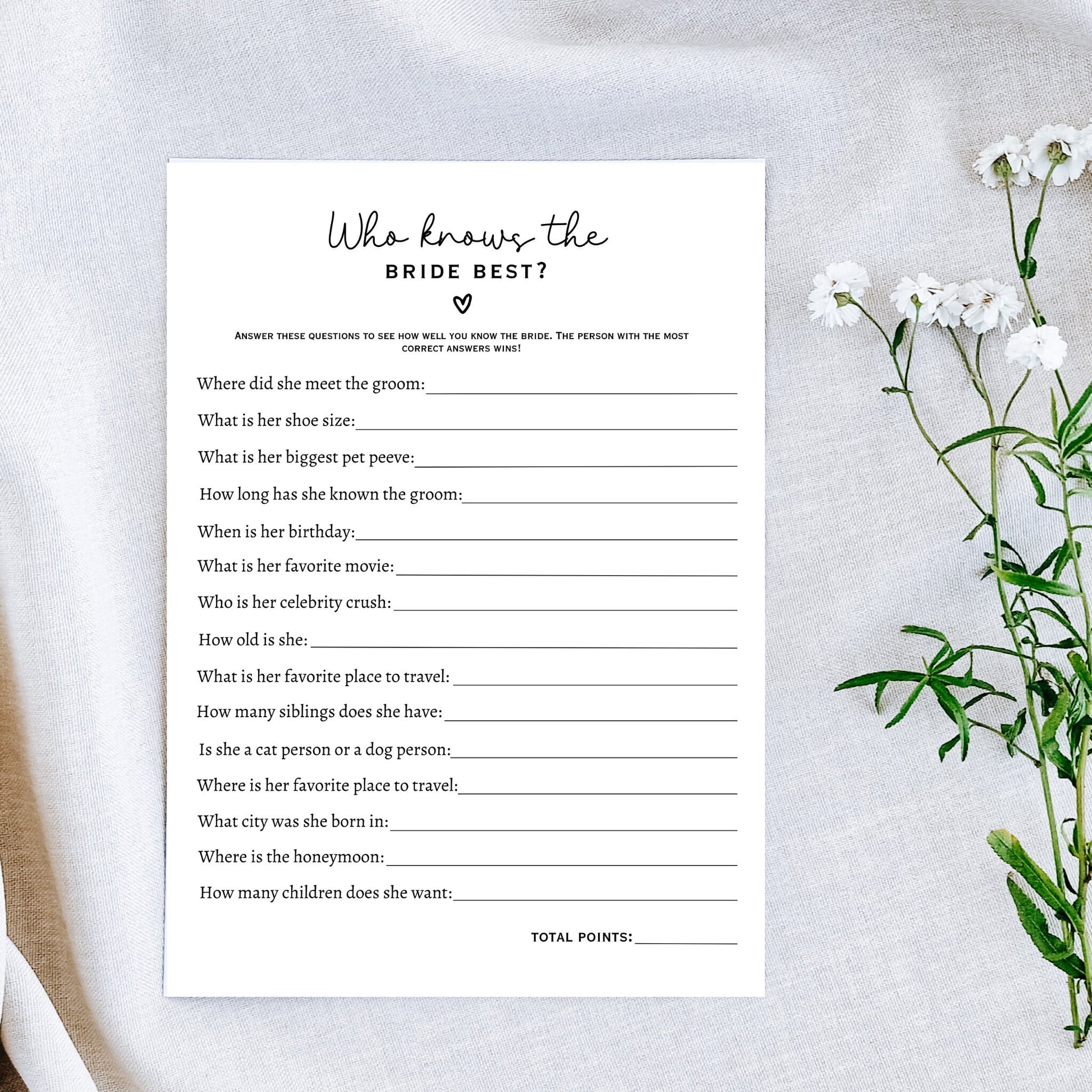 Who Knows The Bride Best Game, Printable Bridal Shower Game, How Well Do You Know The Bride, Wedding Shower Ideas, Minimalist Modern Game