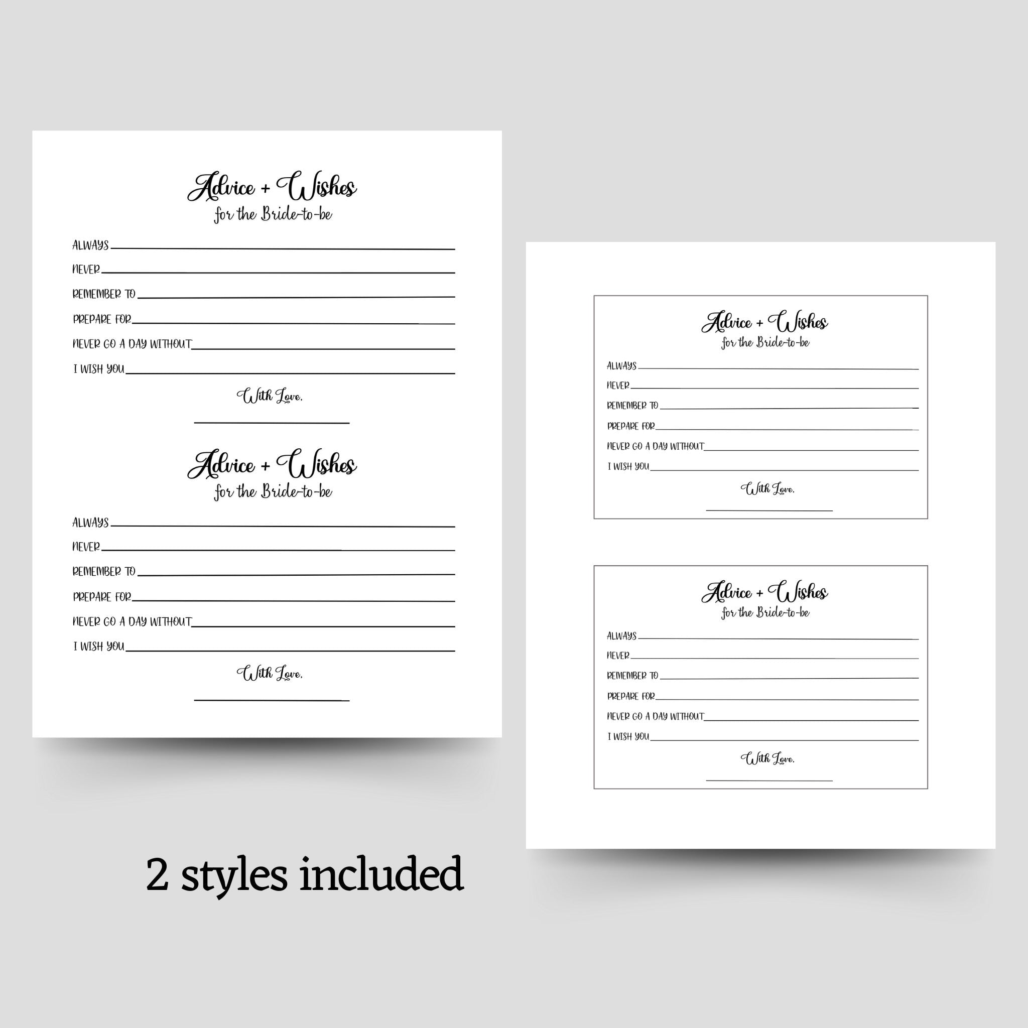 Bridal Shower Wedding Advice &amp; Wishes Cards Printable Party Games ...