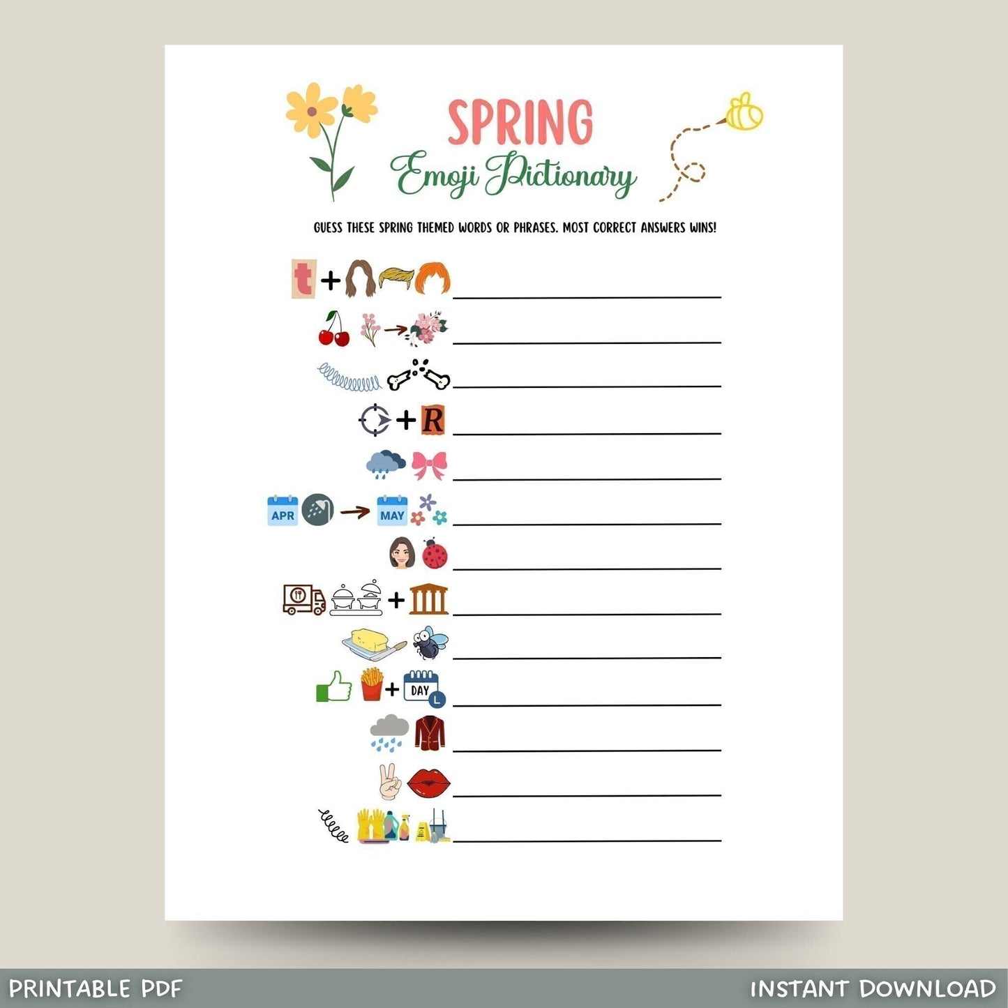 This spring emoji Pictionary game is printable & an instant download! It is perfect for your party & great to play with friends & family! It works well for an office party, dinner party, classroom game, adults & kids! Just download, print & play!