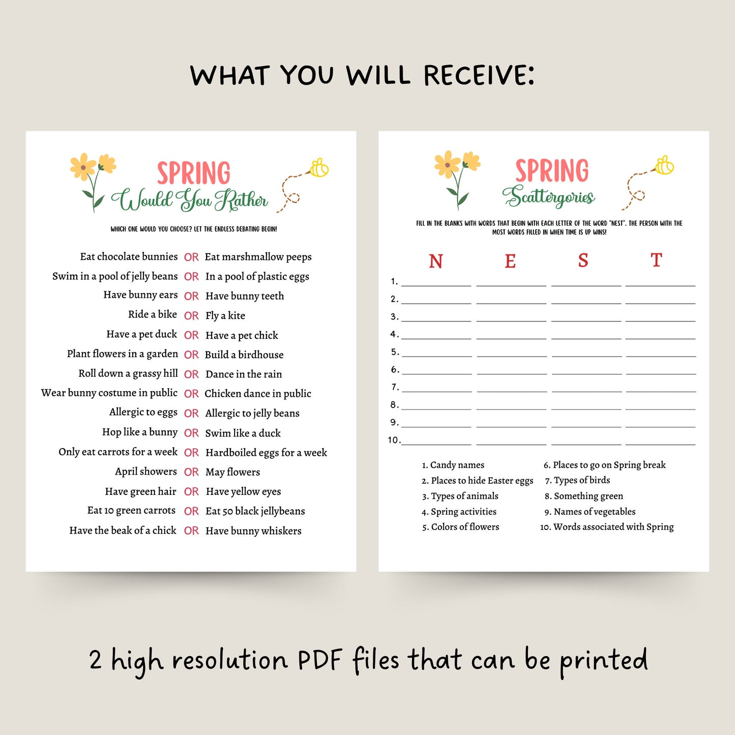 Spring Would You Rather Game Printable, Spring Activity Adults & Kids, Springtime Scattergories Party Game, Family Group Classroom Game