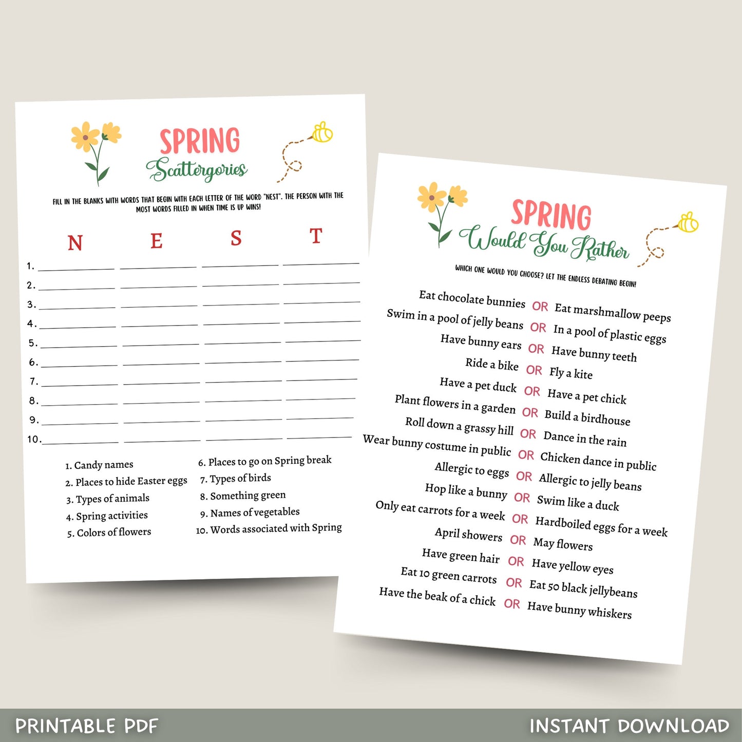 This Spring Would You Rather & Scattergories game pack is printable & an instant download! It is perfect for your party or event & great to play with friends & family! It works well for an office party, dinner party, classroom game, adults and kids!