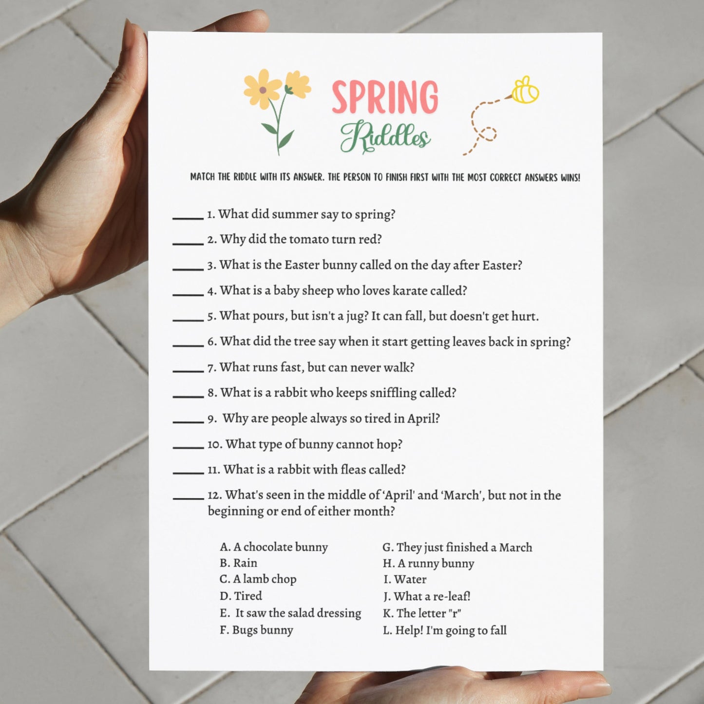 Spring Riddles Game Printable, Spring Activity Adults and Kids, Springtime Fact or Fiction Party Game, Fun Family Group Game, Classroom Game