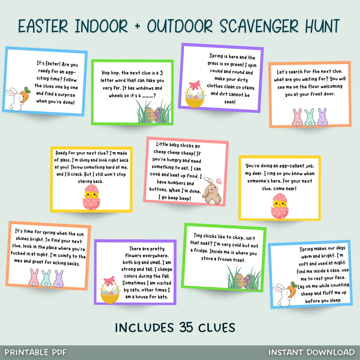 This indoor and outdoor Easter scavenger hunt is printable & an instant download! Send your kids on this fun mission searching all around with these 35 clues. Hide an easter egg with each clue or include a special present at the end! Just print & use