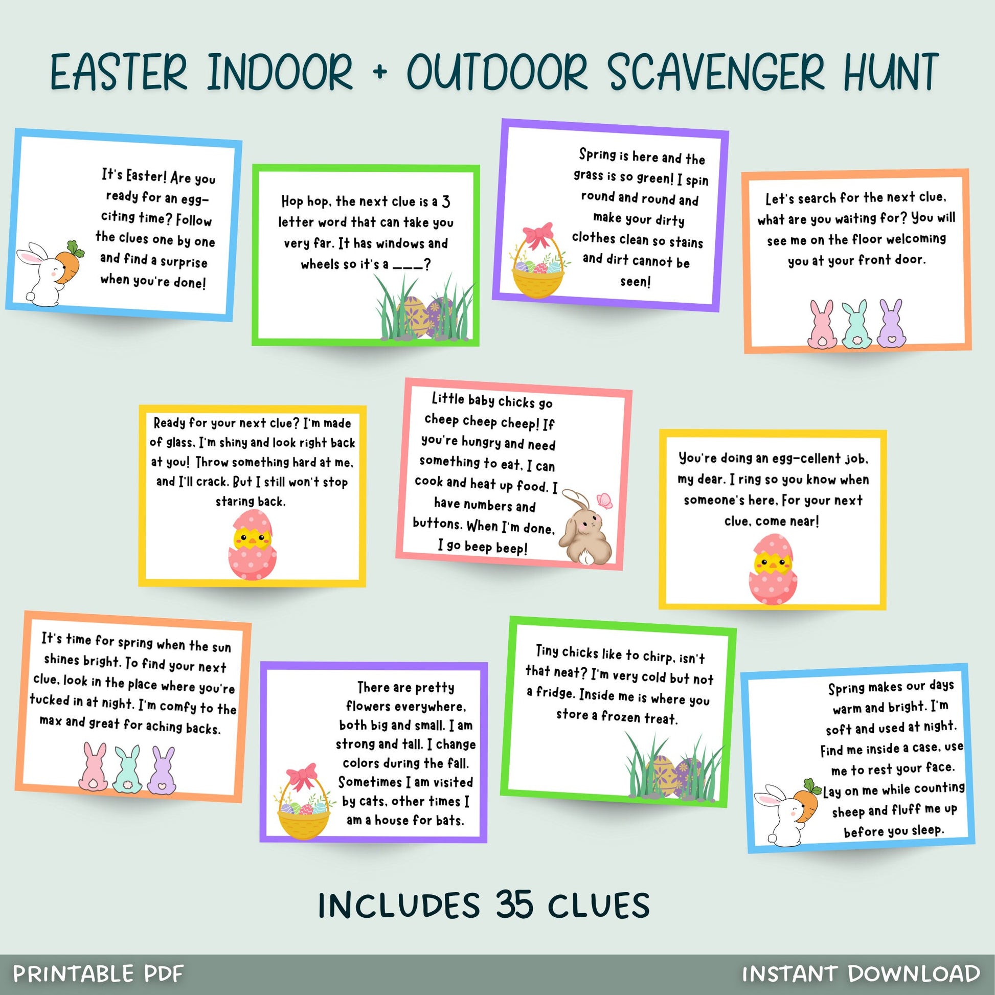This indoor and outdoor Easter scavenger hunt is printable & an instant download! Send your kids on this fun mission searching all around with these 35 clues. Hide an easter egg with each clue or include a special present at the end! Just print & use