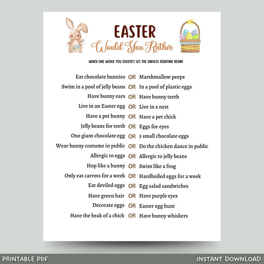 Easter Would You Rather Game Printable, This or That Easter Party Game, Kids Easter Activity, Fun Easter Dinner Game Adults, Easter Sunday