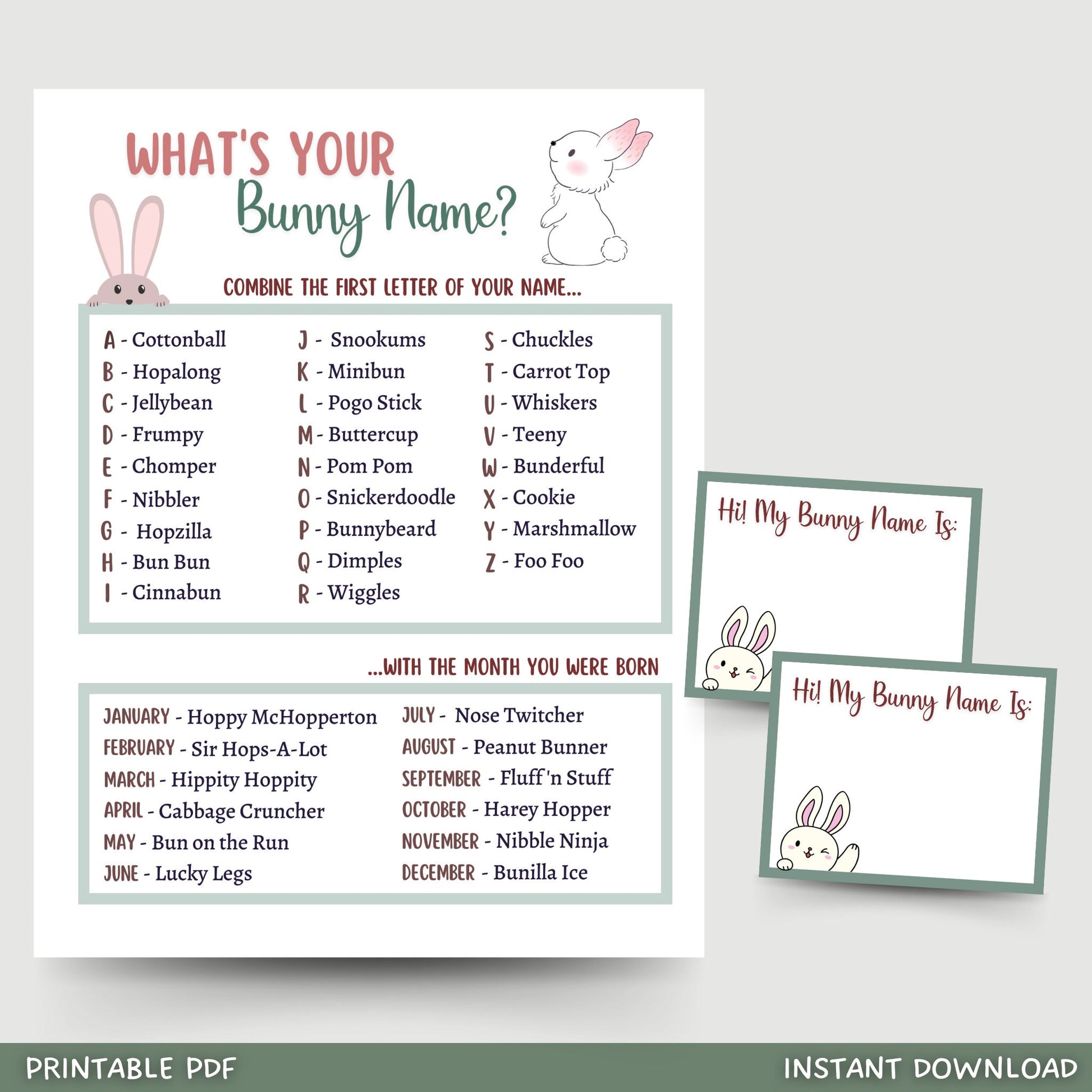 This Easter what is your bunny name game is a printable PDF and an instant digital download! It is perfect for your party or event and great to play with your friends and family! It is sure to impress your guests and works great for adults and kids!