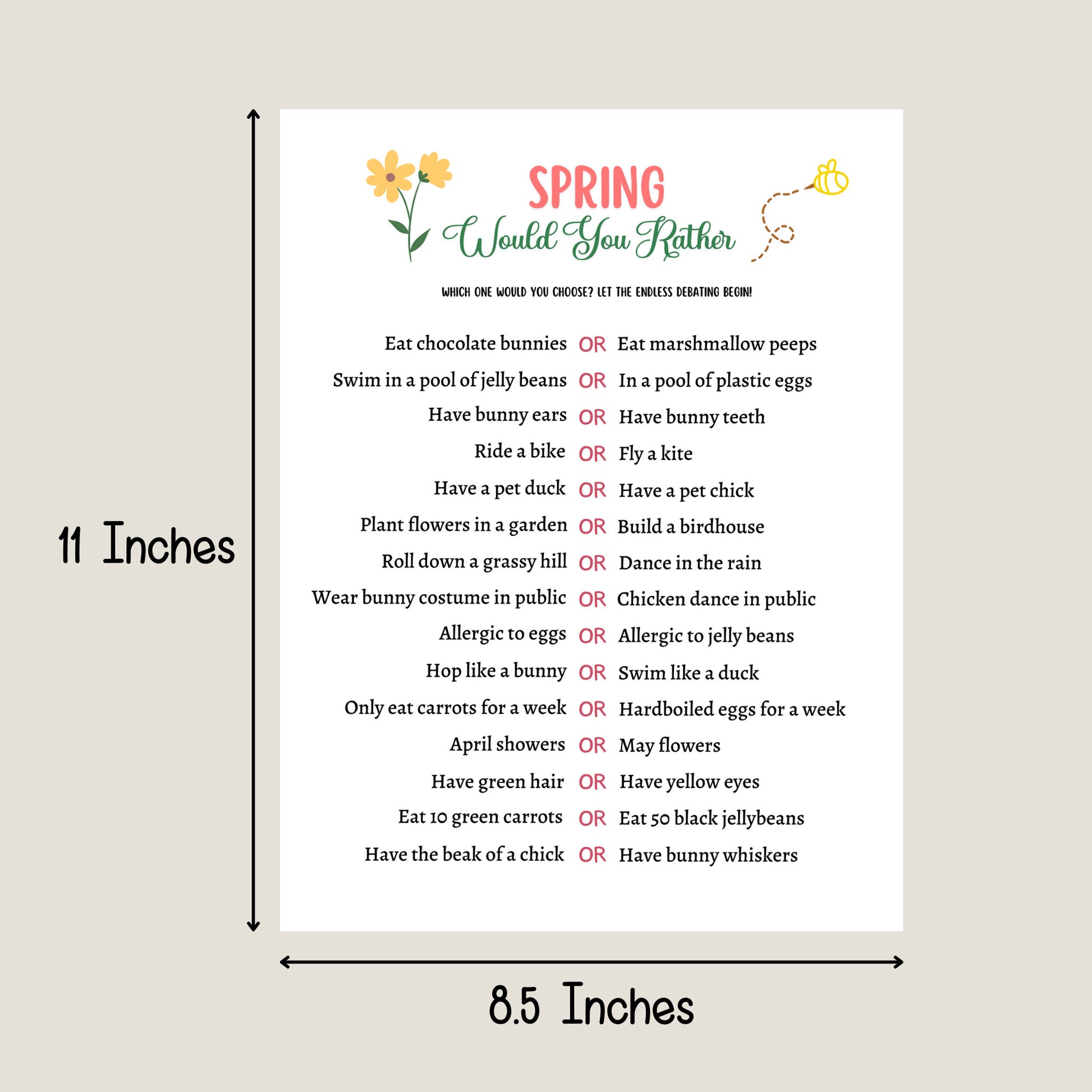 Spring Would You Rather Game Printable, Spring Activity Adults & Kids, Springtime Scattergories Party Game, Family Group Classroom Game