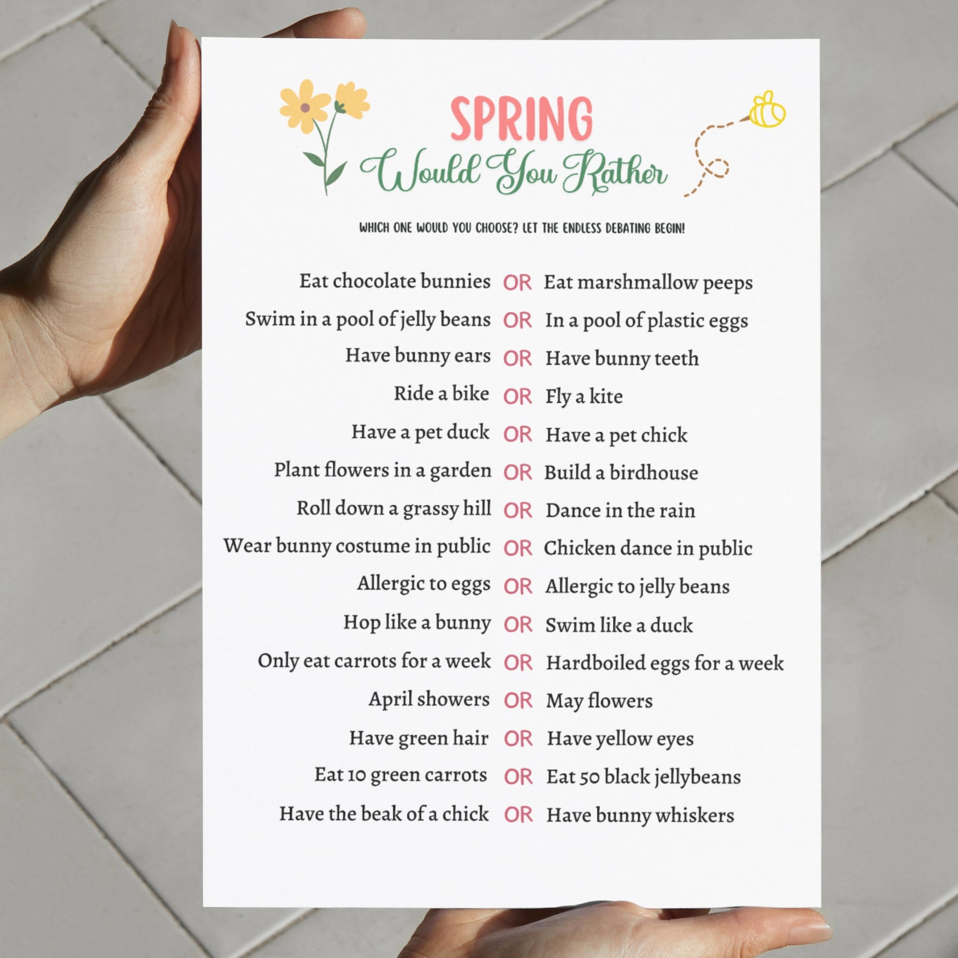 Spring Would You Rather Game Printable, Spring Activity Adults & Kids, Springtime Scattergories Party Game, Family Group Classroom Game